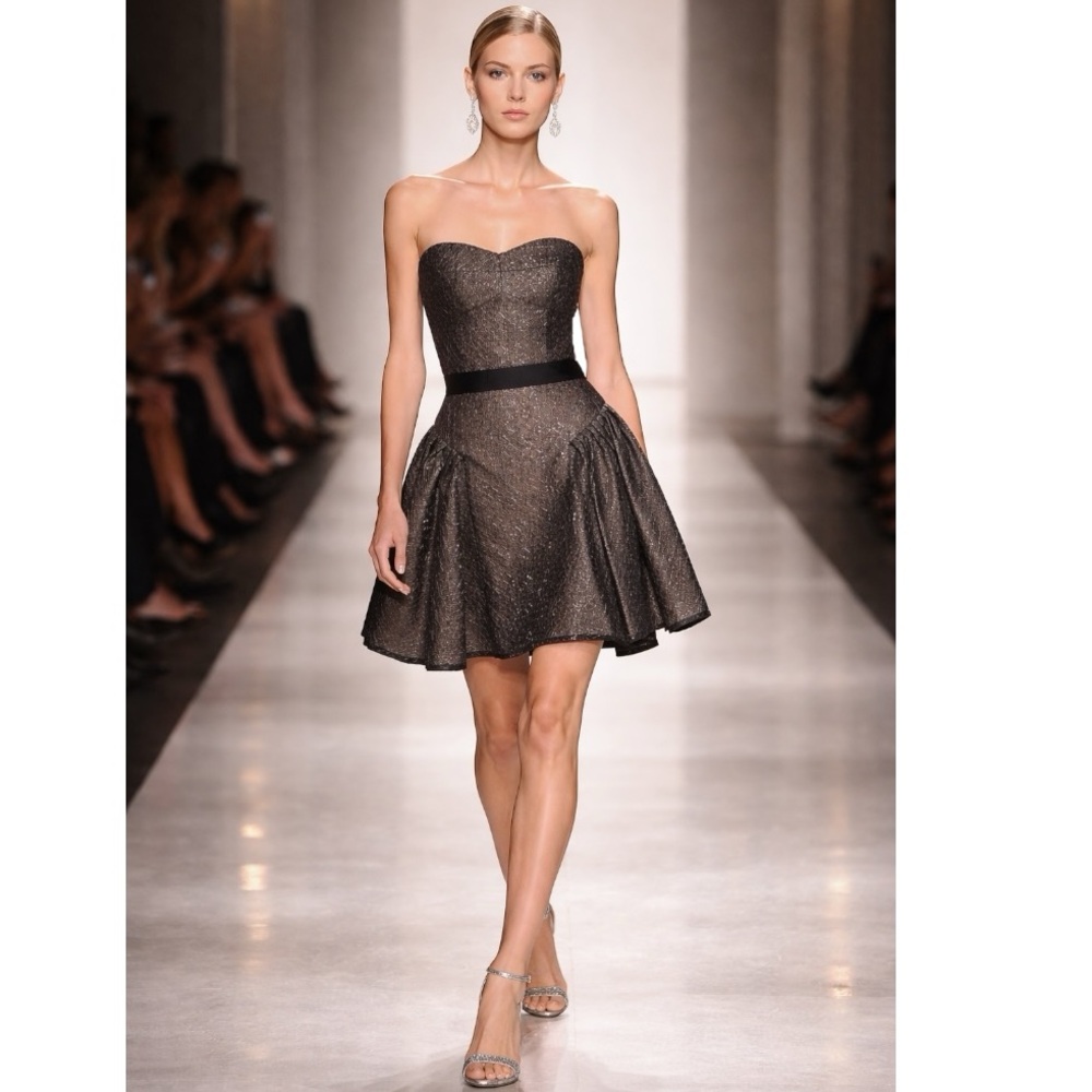 BCBG MaxAzria Kimmy Strapless Metallic Lace Cocktail Dress Black Silver 4 NWT
